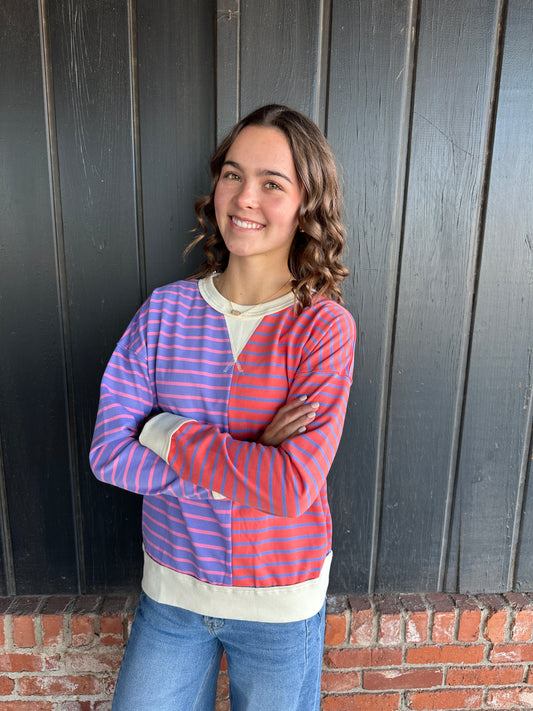 Purple Color Trimmed Stripe Blocked Sweatshirt