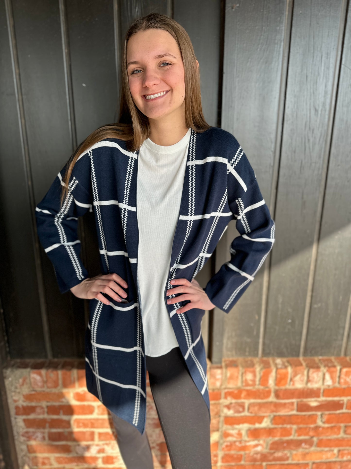 Navy and White Open Front Cardigan