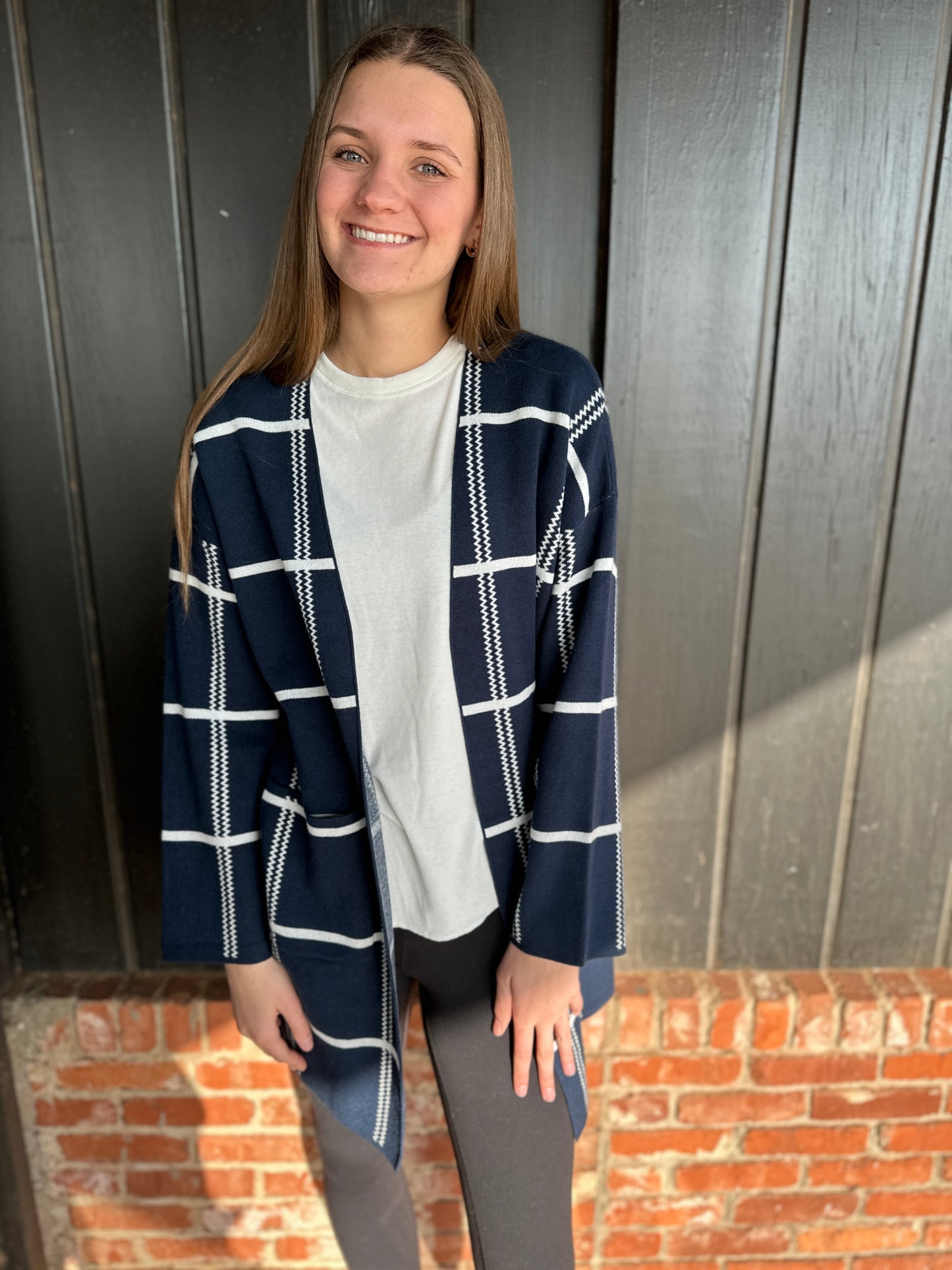 Navy and White Open Front Cardigan