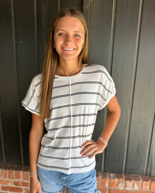 Black & White Striped Cotton Knit Top with Twist Cuff Detail