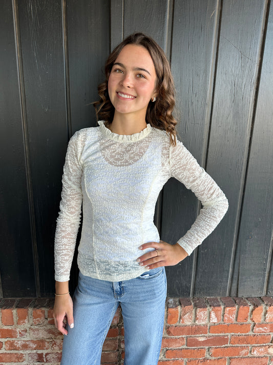 Ivory Lace Long Sleeve Ruffle Neck Layering Top