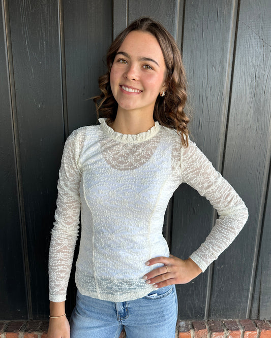 Ivory Lace Long Sleeve Ruffle Neck Layering Top