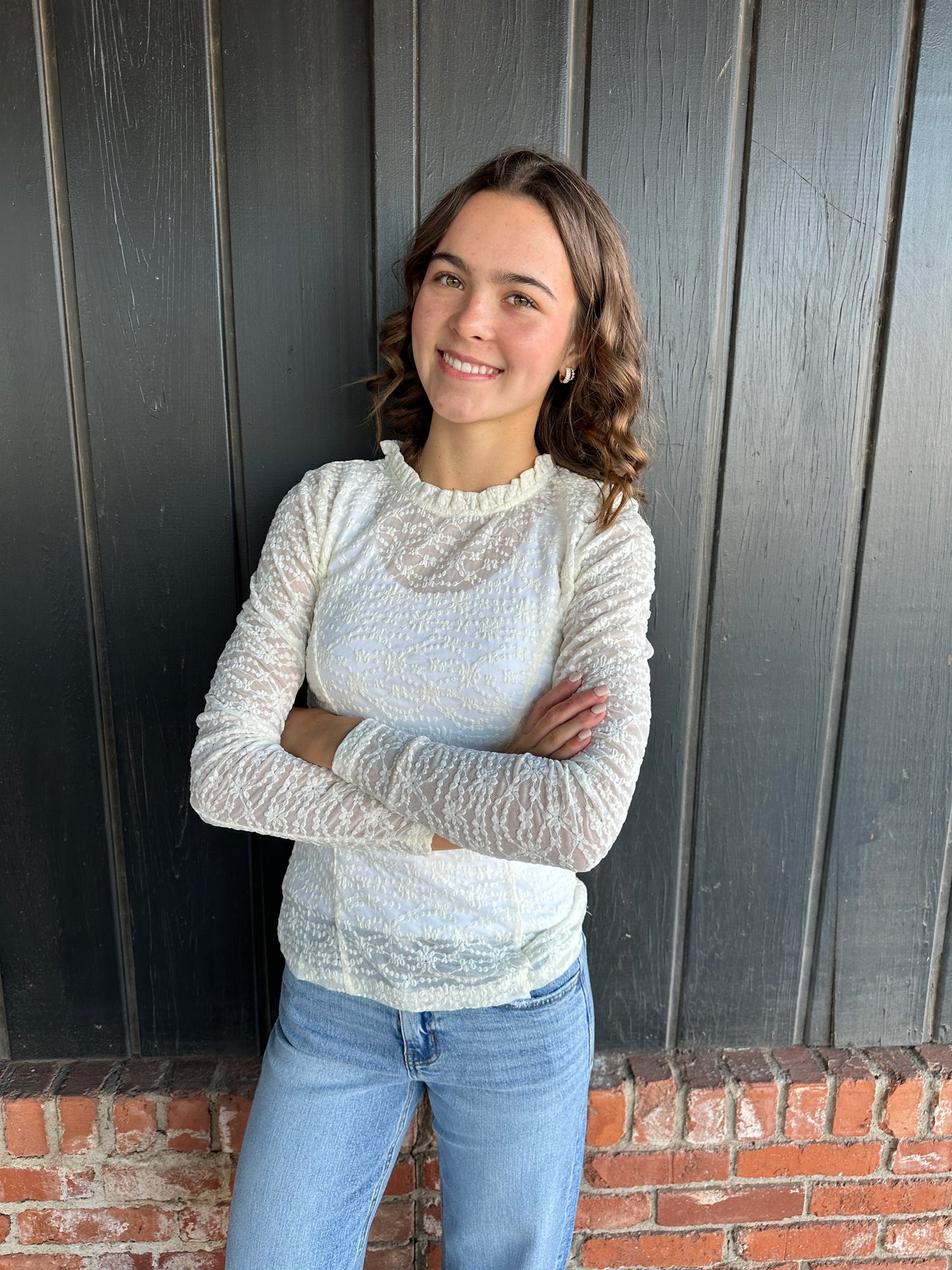 Ivory Lace Long Sleeve Ruffle Neck Layering Top