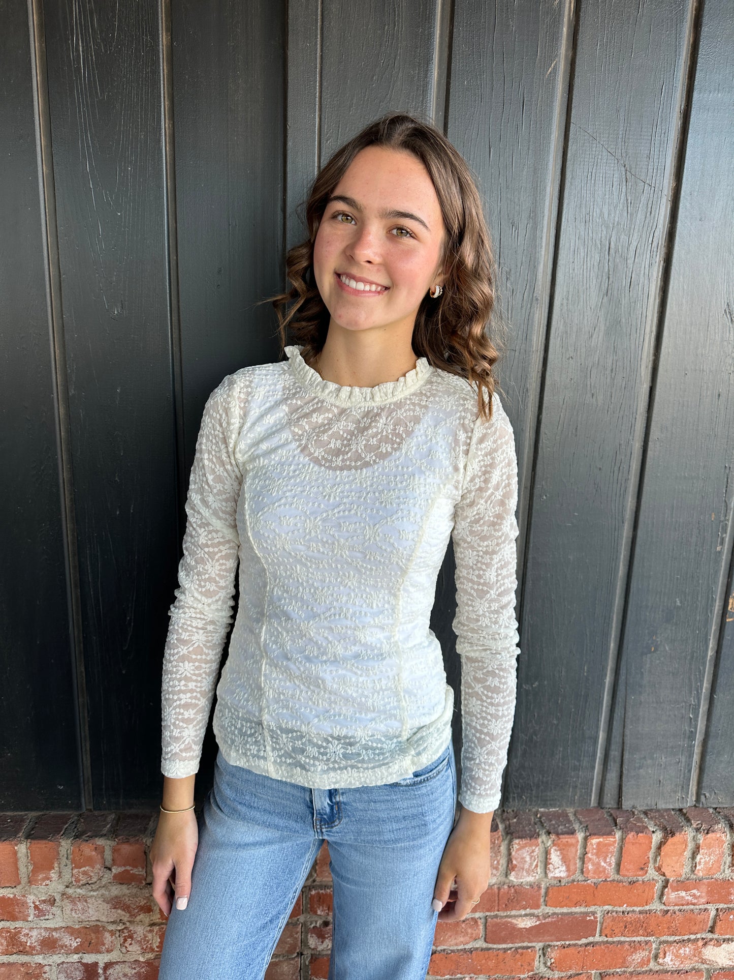 Ivory Lace Long Sleeve Ruffle Neck Layering Top