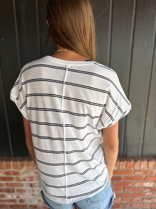 Black & White Striped Cotton Knit Top with Twist Cuff Detail
