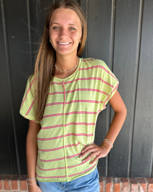 Lime Striped Cotton Knit Top with Twist Cuff Detail