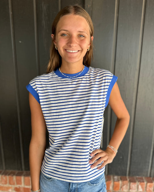Royal Blue Nautical Cap Sleeve Striped Top