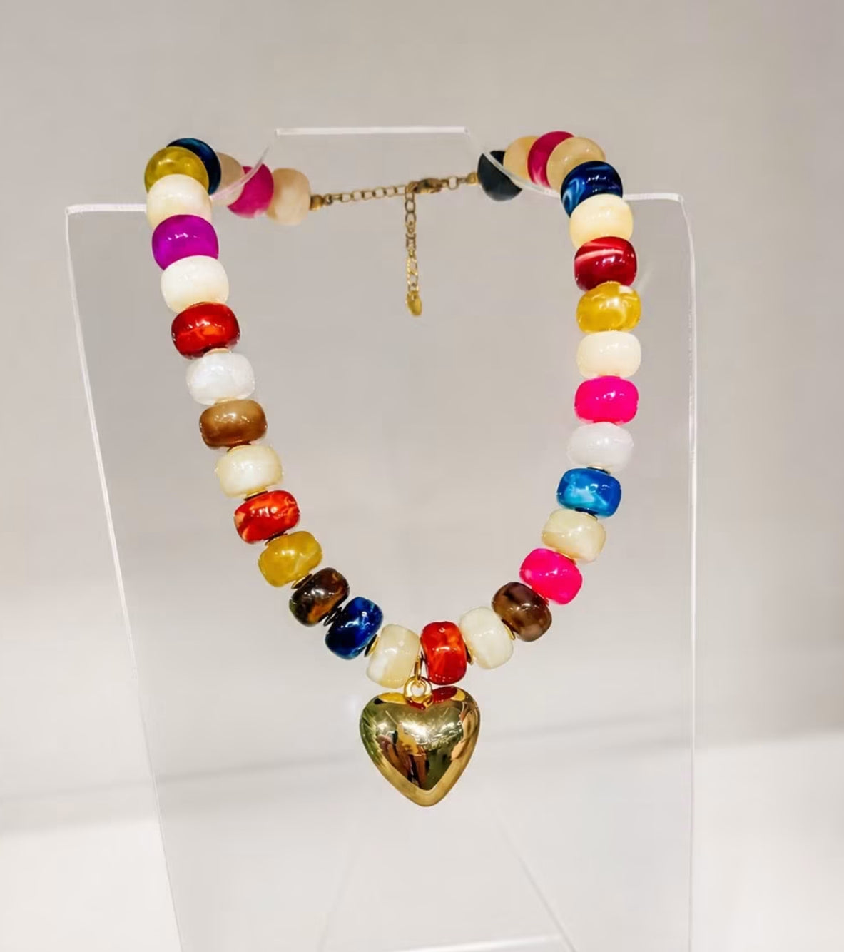 Chunky acrylic beaded necklace with heart - multi