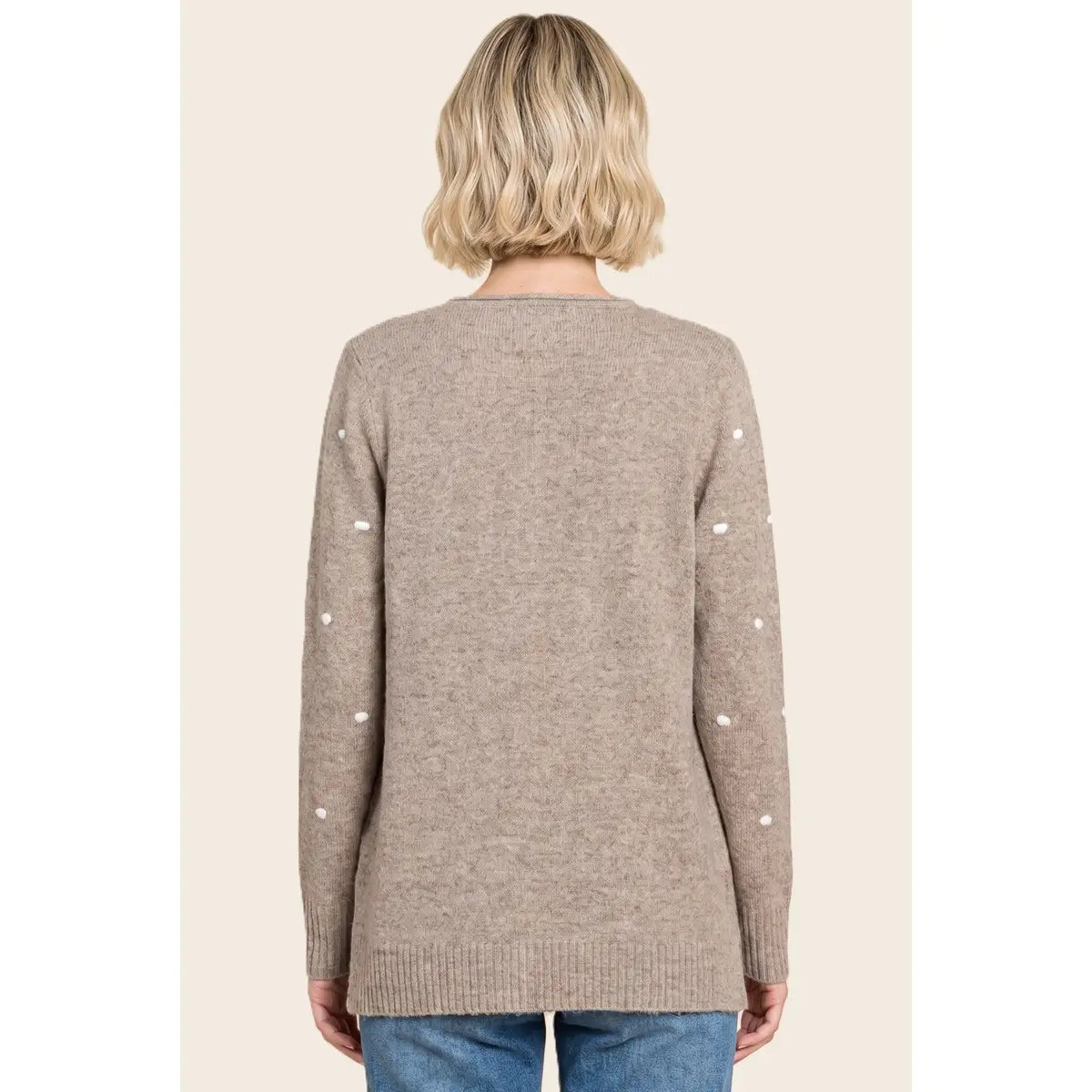Mocha Pompom Dotted Sweater Cardigan