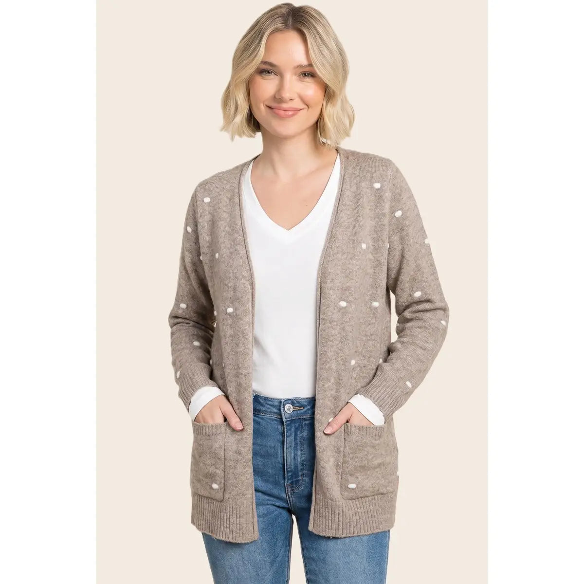 Mocha Pompom Dotted Sweater Cardigan