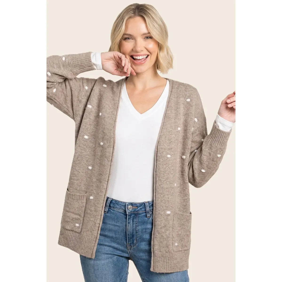 Mocha Pompom Dotted Sweater Cardigan
