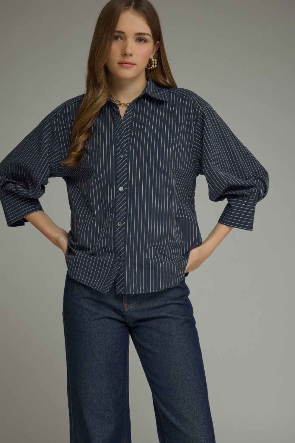 Navy Stripe 3/4 sleeve detail top