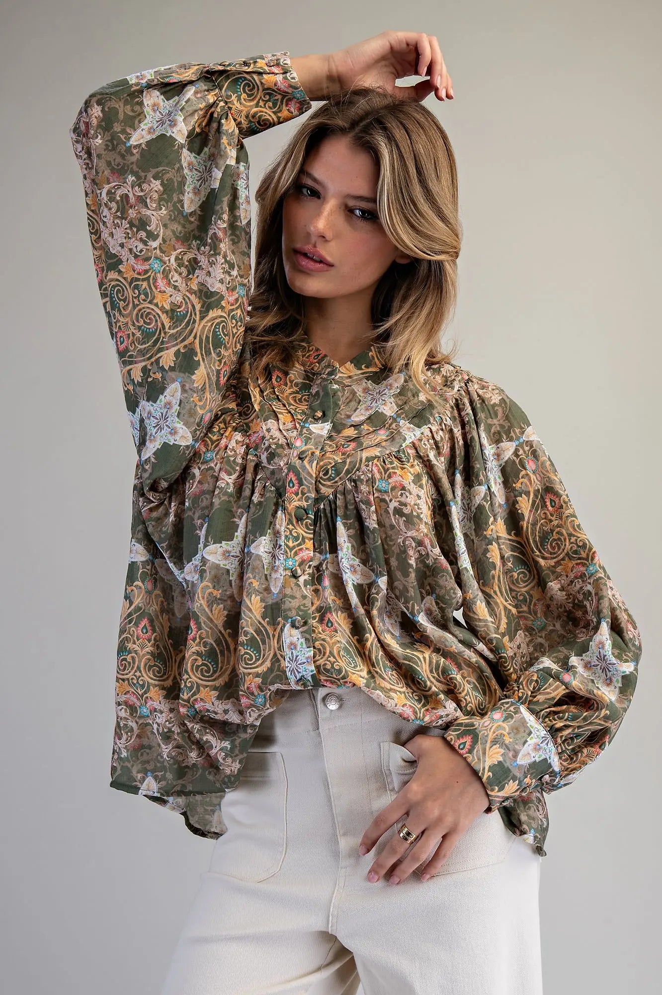Olive Print button down blouse