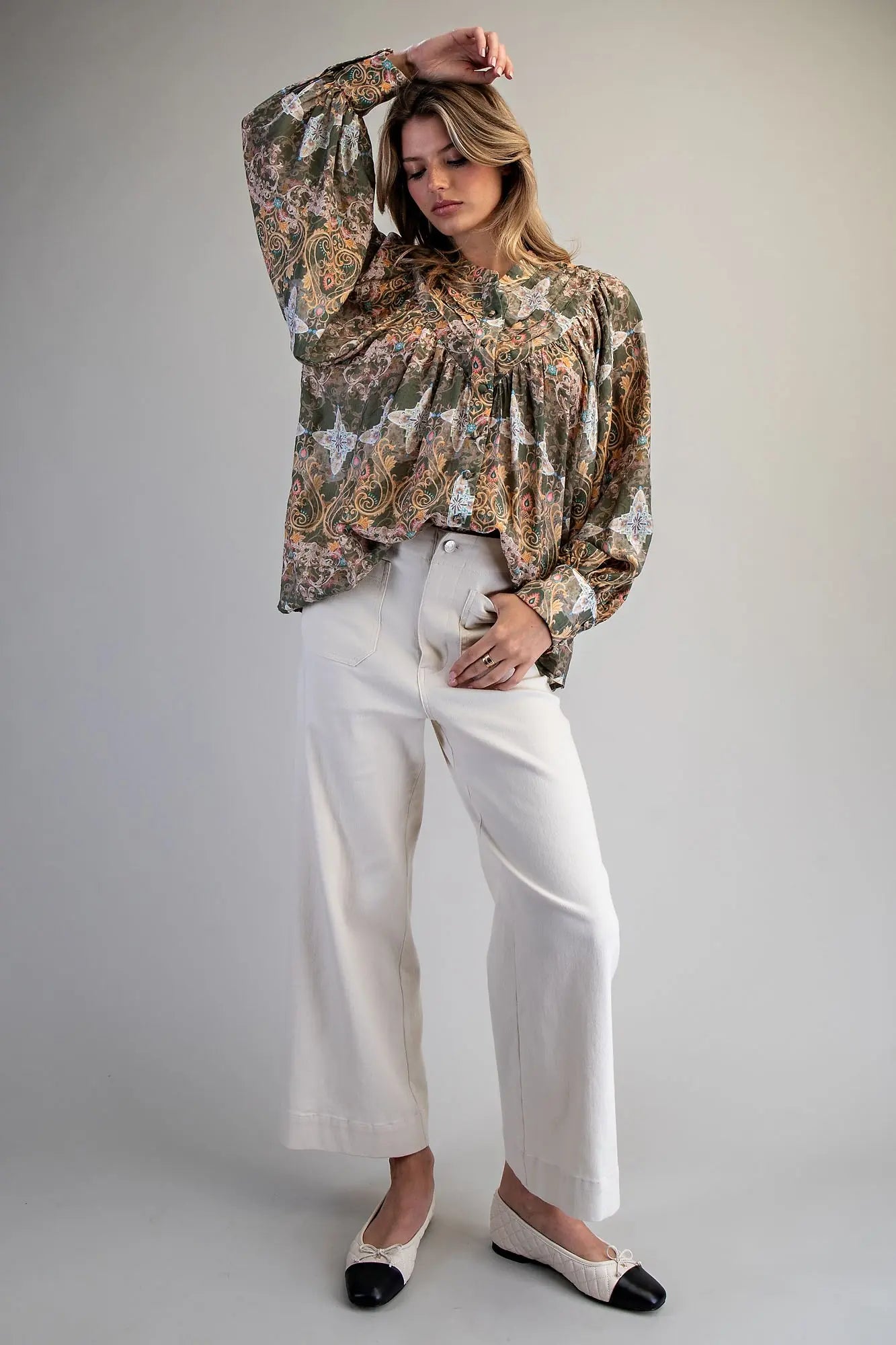Olive Print button down blouse