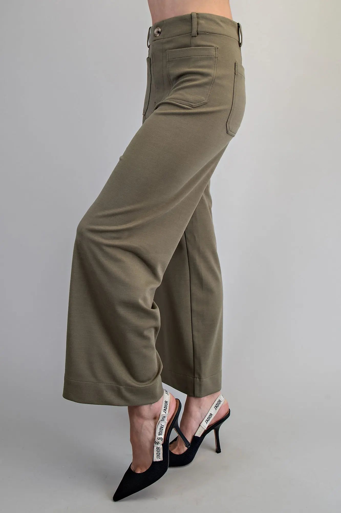 Olive Solid Zipper Front Pants