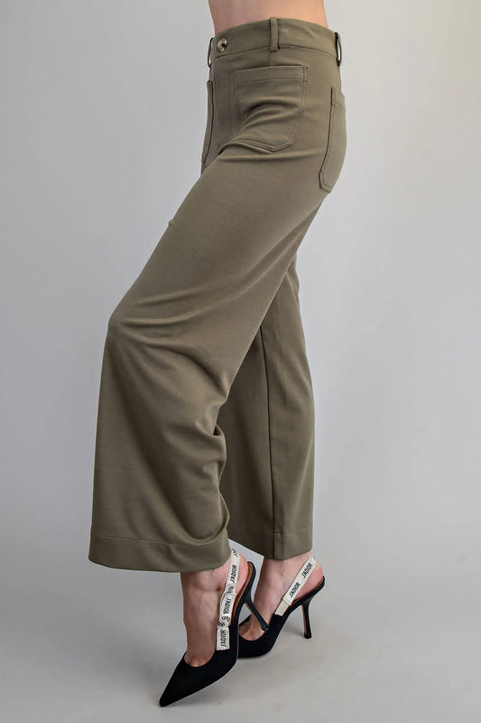 Olive Solid Zipper Front Pants