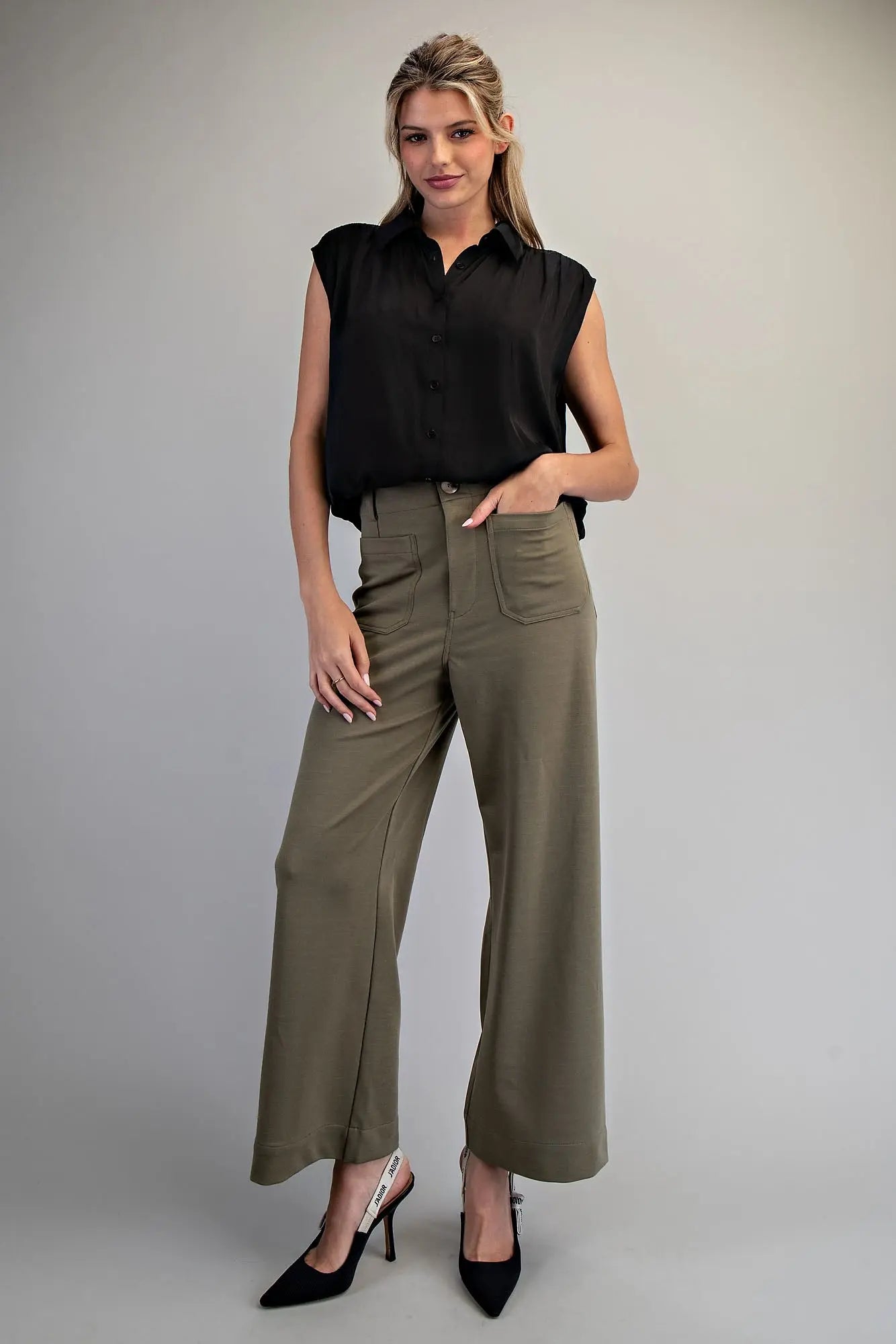 Olive Solid Zipper Front Pants