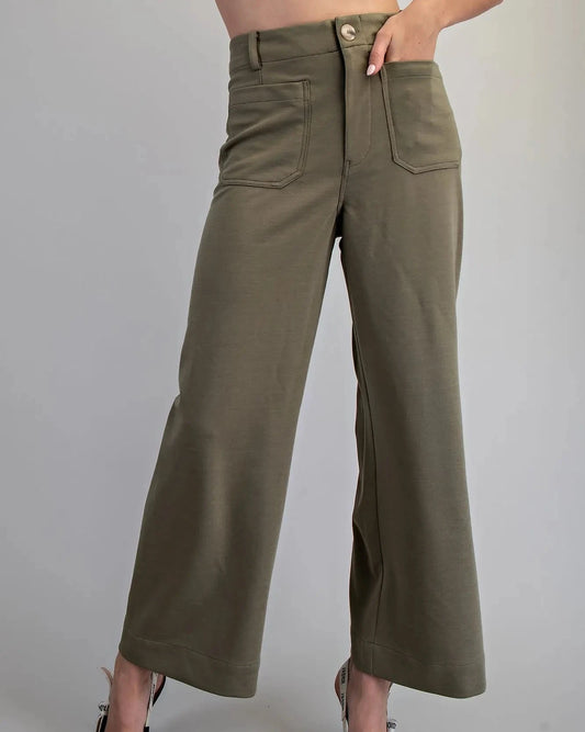Olive Solid Zipper Front Pants