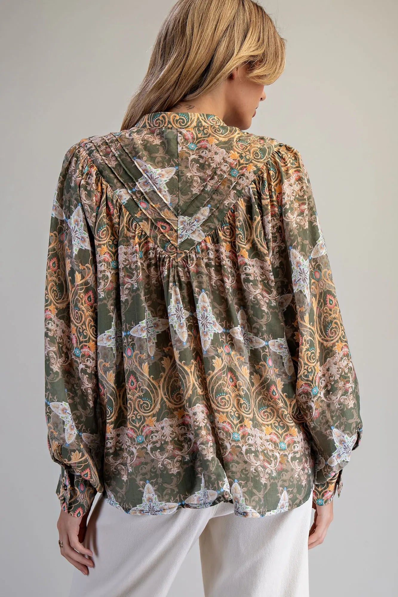 Olive Print button down blouse
