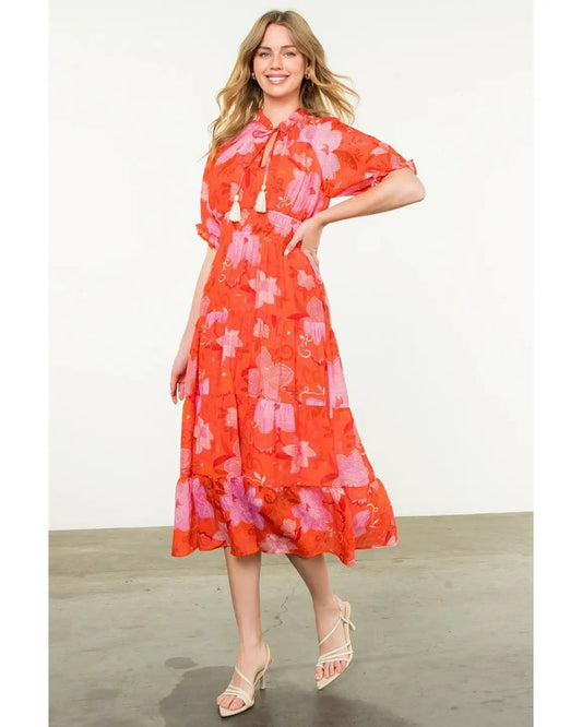 Orange Floral Print Tiered Tassel Maxi Dress