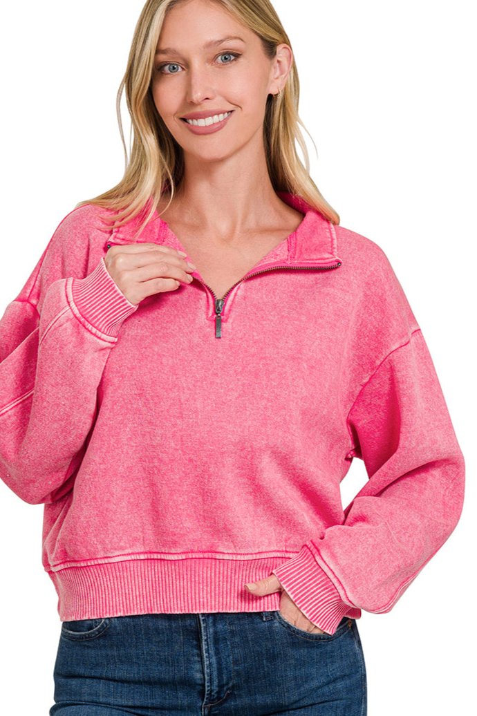 Fuchsia Acid Wash Fleece half zip pullover