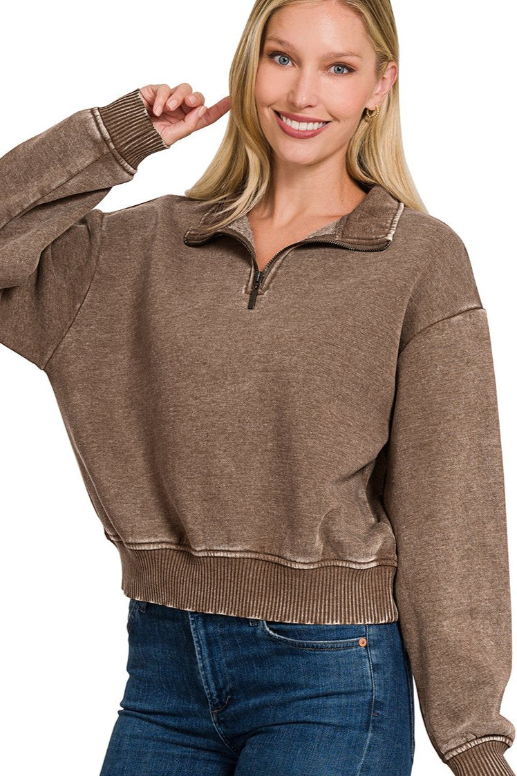 Light mocha Acid Wash Fleece half zip pullover