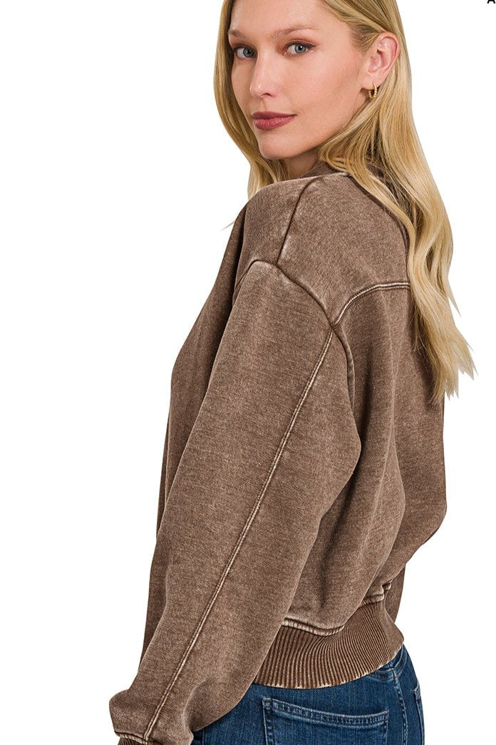 Light mocha Acid Wash Fleece half zip pullover