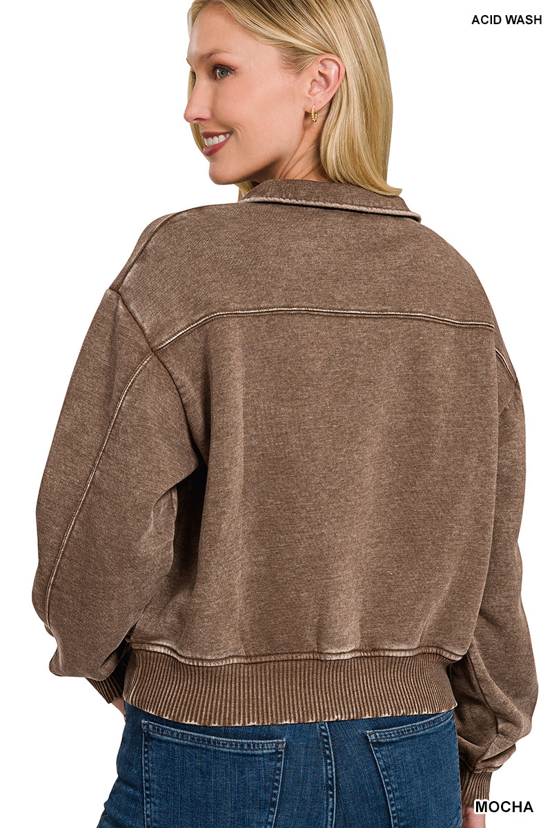 Light mocha Acid Wash Fleece half zip pullover