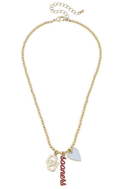 Oklahoma Sooners Ball Bead Charm Necklace in Shiny Gold