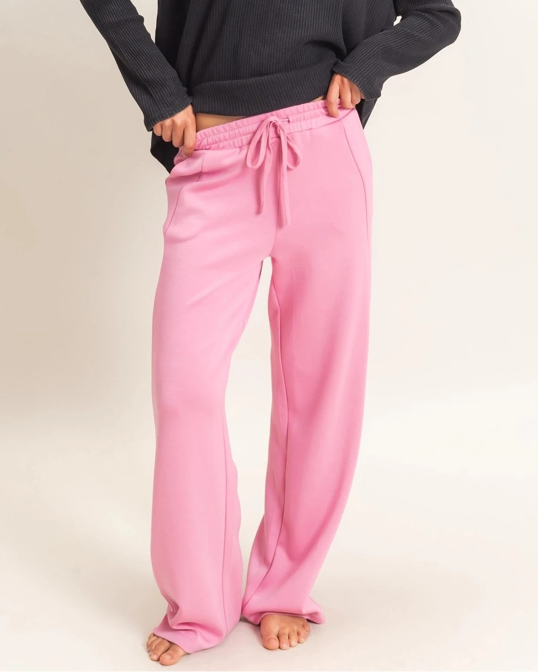 Pink Elastic Waist Straight Leg Pants