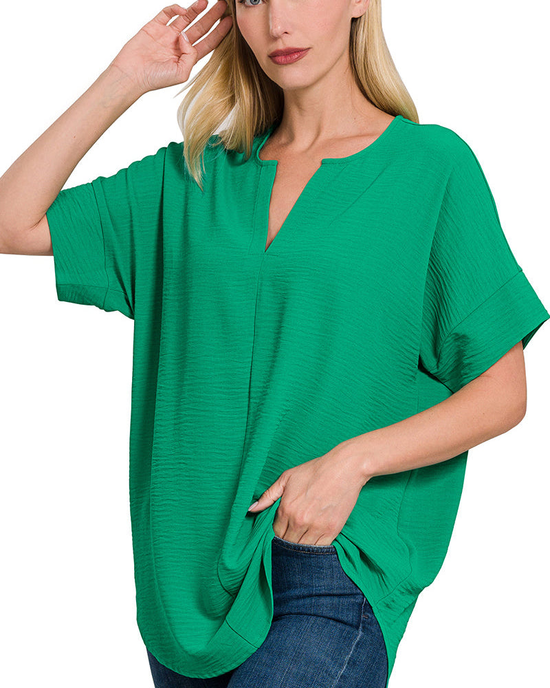 Kelly Green Split Neck Short Sleeve Top