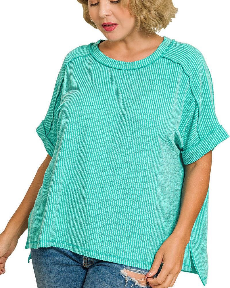 Turquoise Ribbed Short Sleeve Top