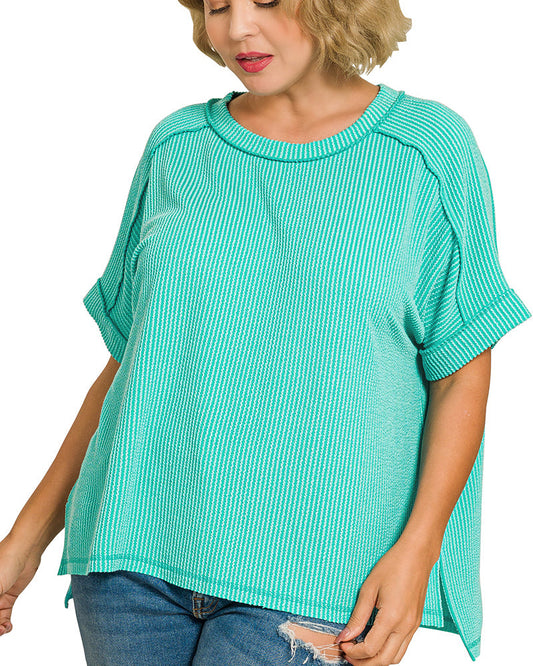 Turquoise Ribbed Short Sleeve Top