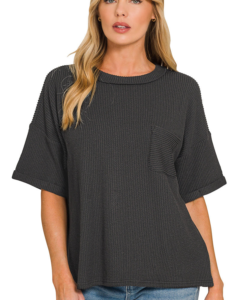 Black Ribbed pocket top