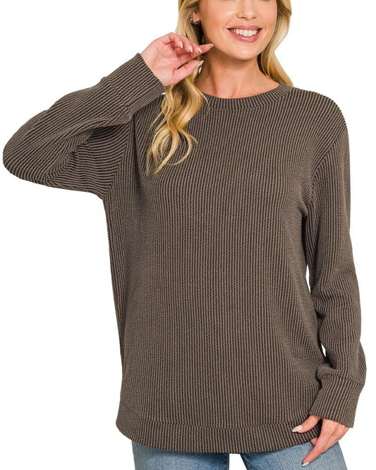 Espresso Raised Rib Round Neck Top Plus