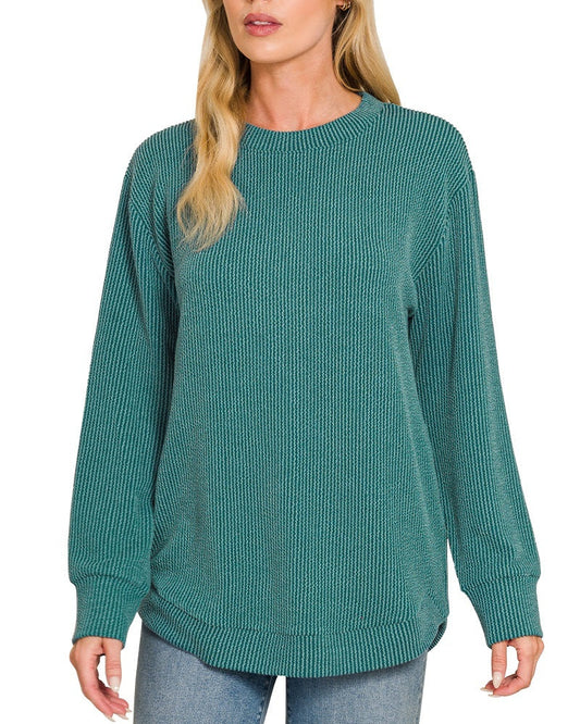 Teal raised rib round neck top