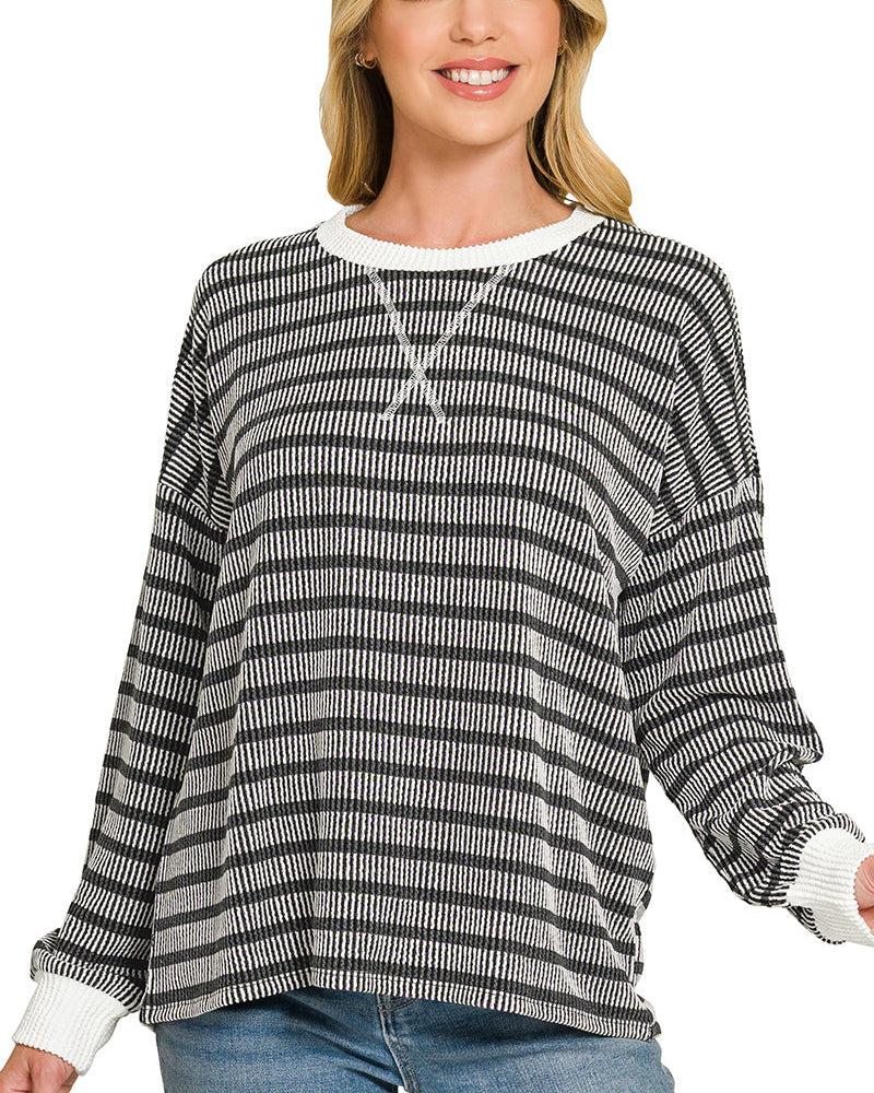 Black PLUS RAISED RIB STRIPED ROUND NECK PULLOVER
