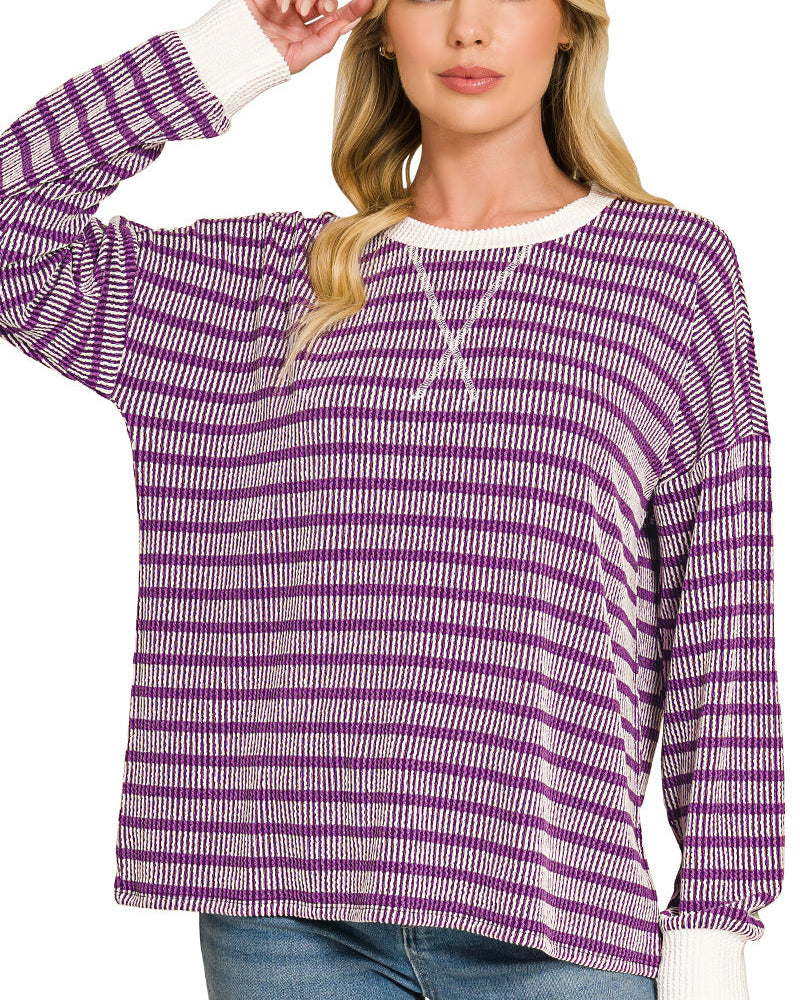 Purple Striped Round Neck Top