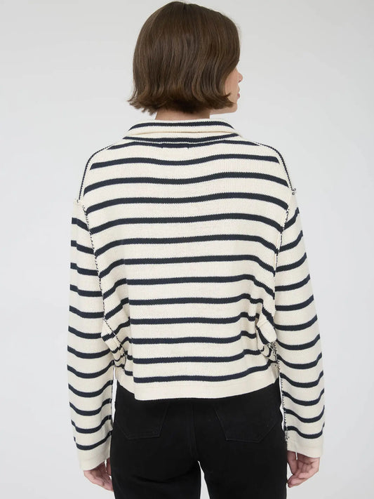 Stripe Collared Exposed Seam Long Sleeve Cardigan