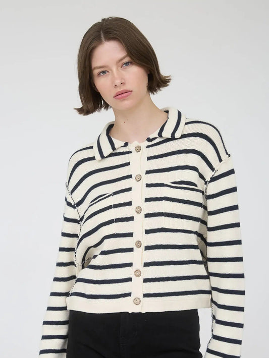 Stripe Collared Exposed Seam Long Sleeve Cardigan