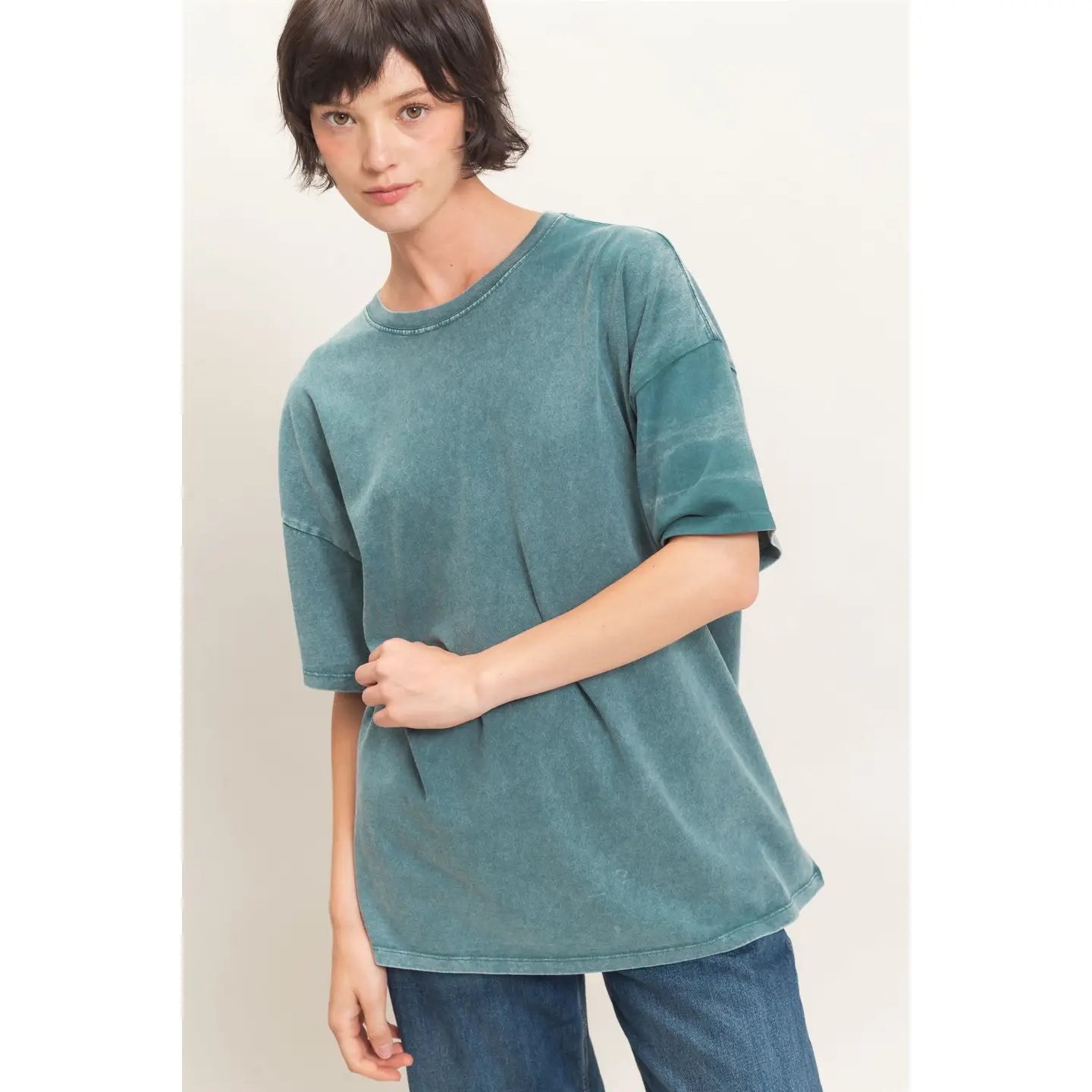 Dark Teal Mineral Wash Oversized Crew Neck T-Shirts