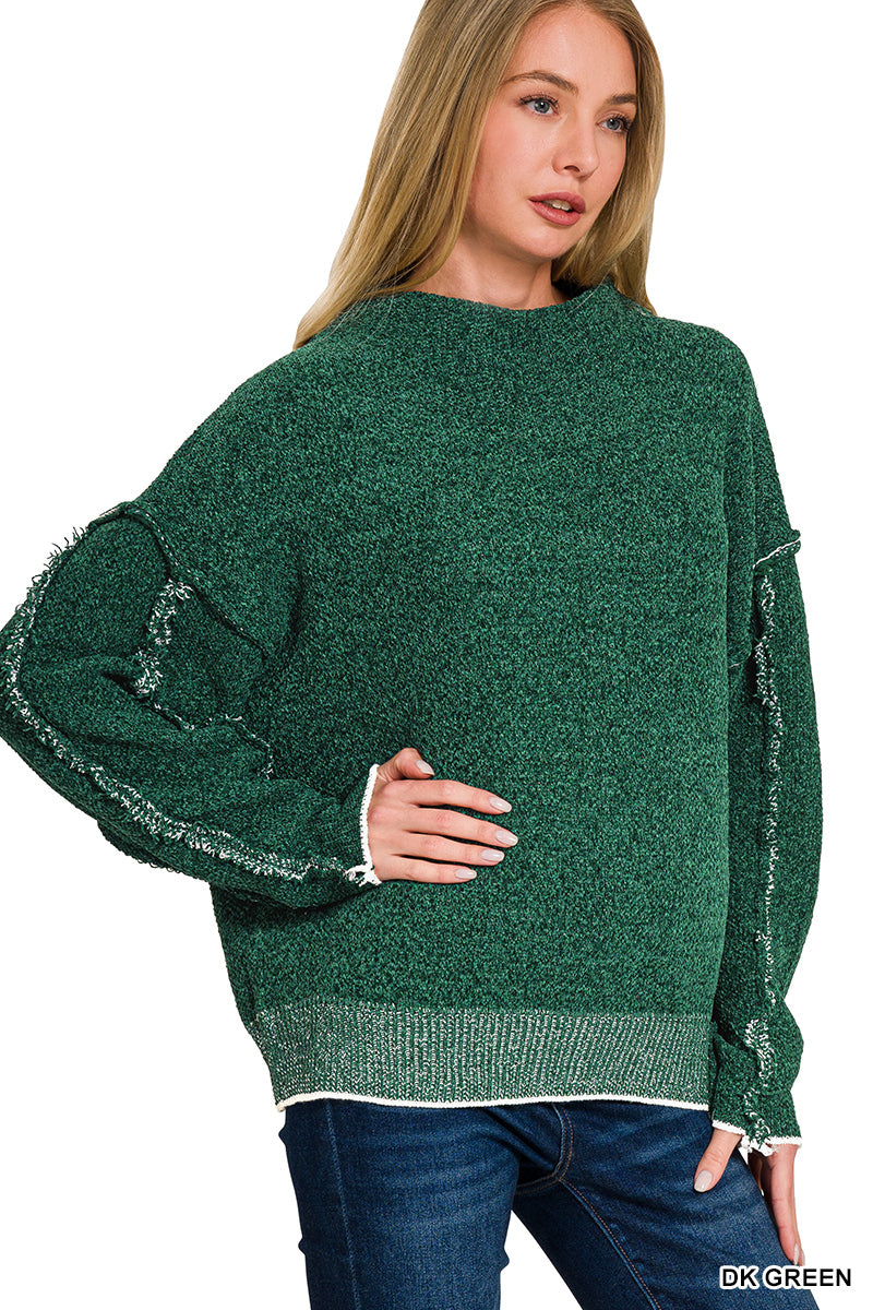 Dark Green oversized mock neck raw seam sweater