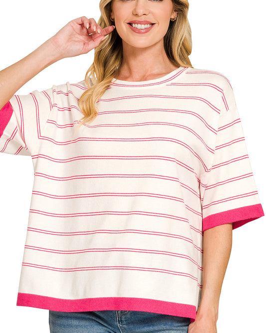 Hot Pink Stripe Short Sleeve Sweater