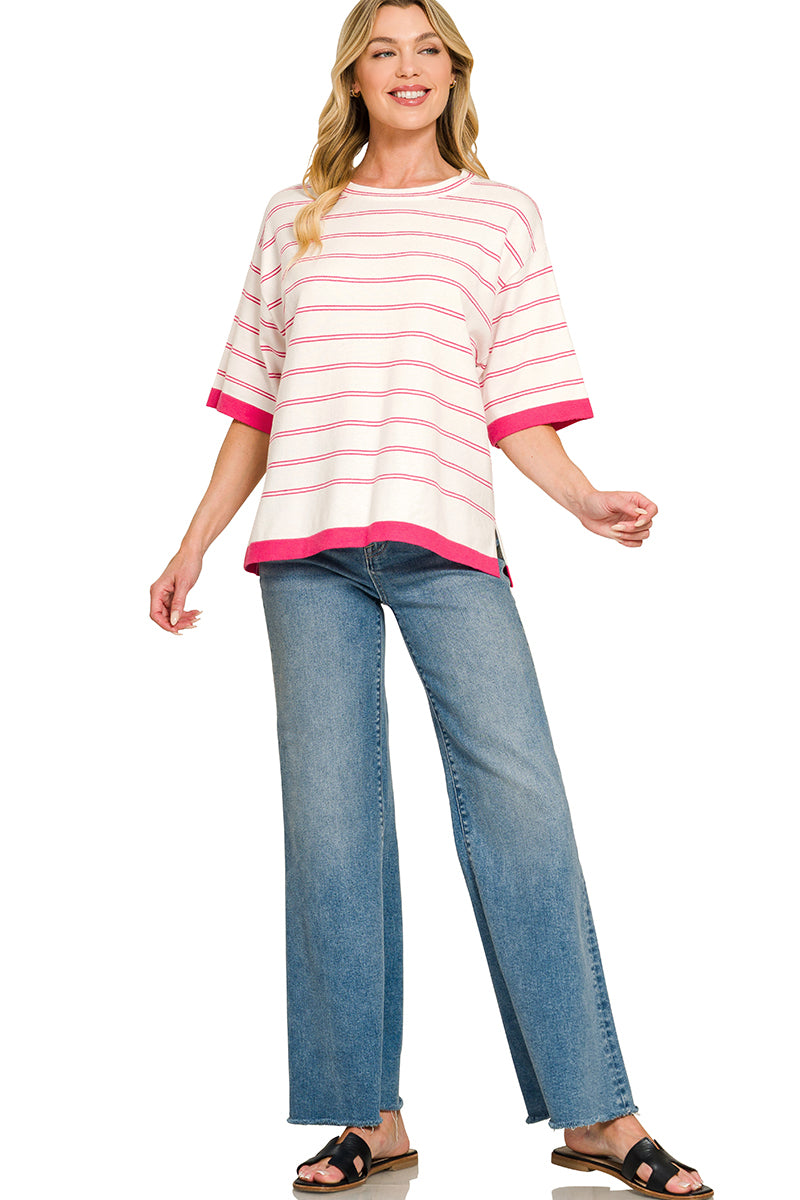 Hot Pink Stripe Short Sleeve Sweater