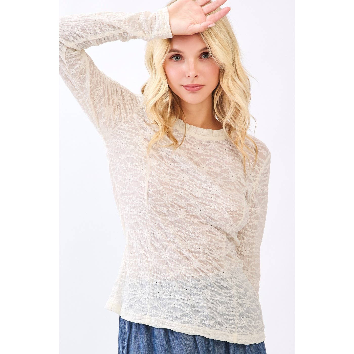 Bone Lace Long Sleeve Ruffle neck layering top
