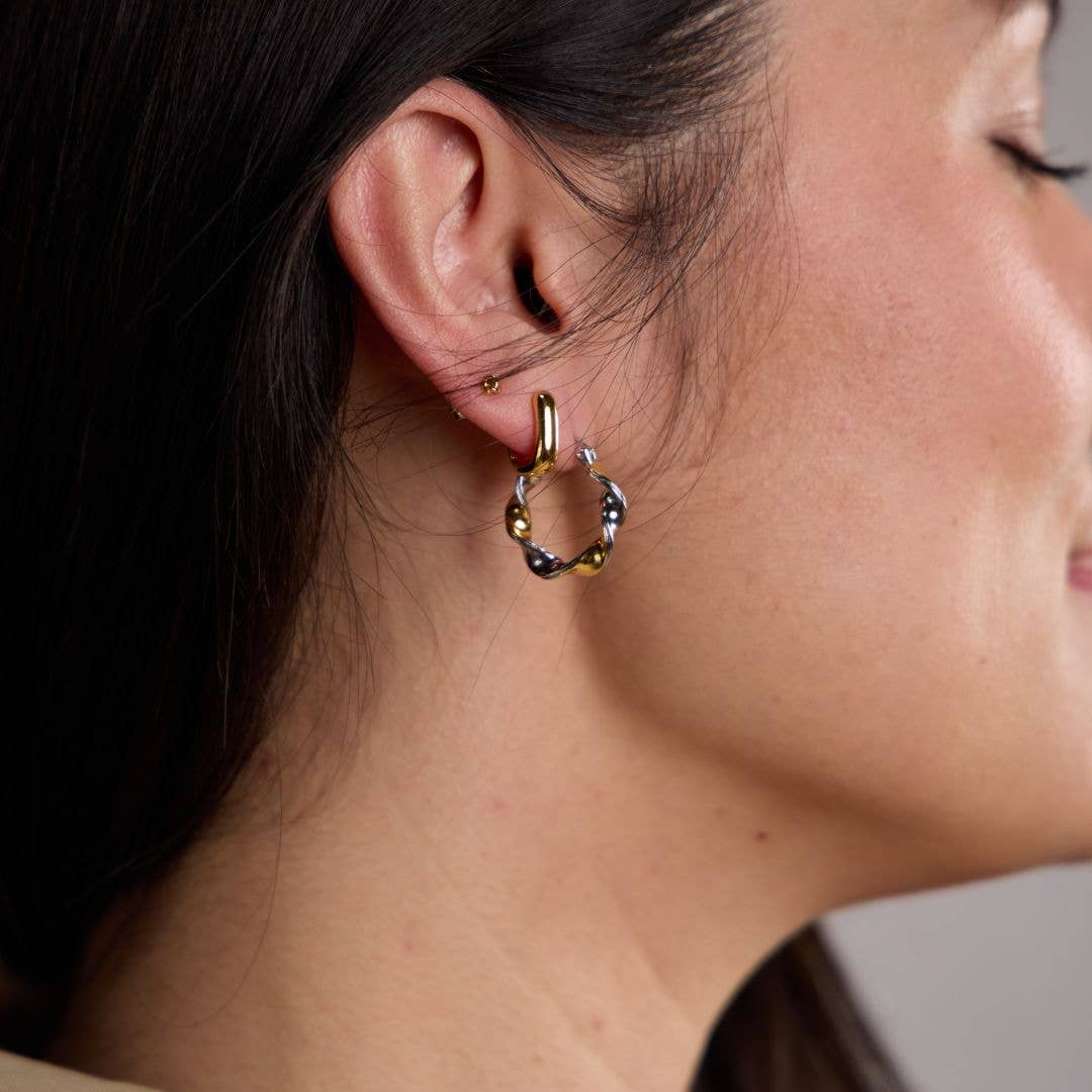 Mixed Metal Waterproof Twist Hoop Earrings Nickel & Suede