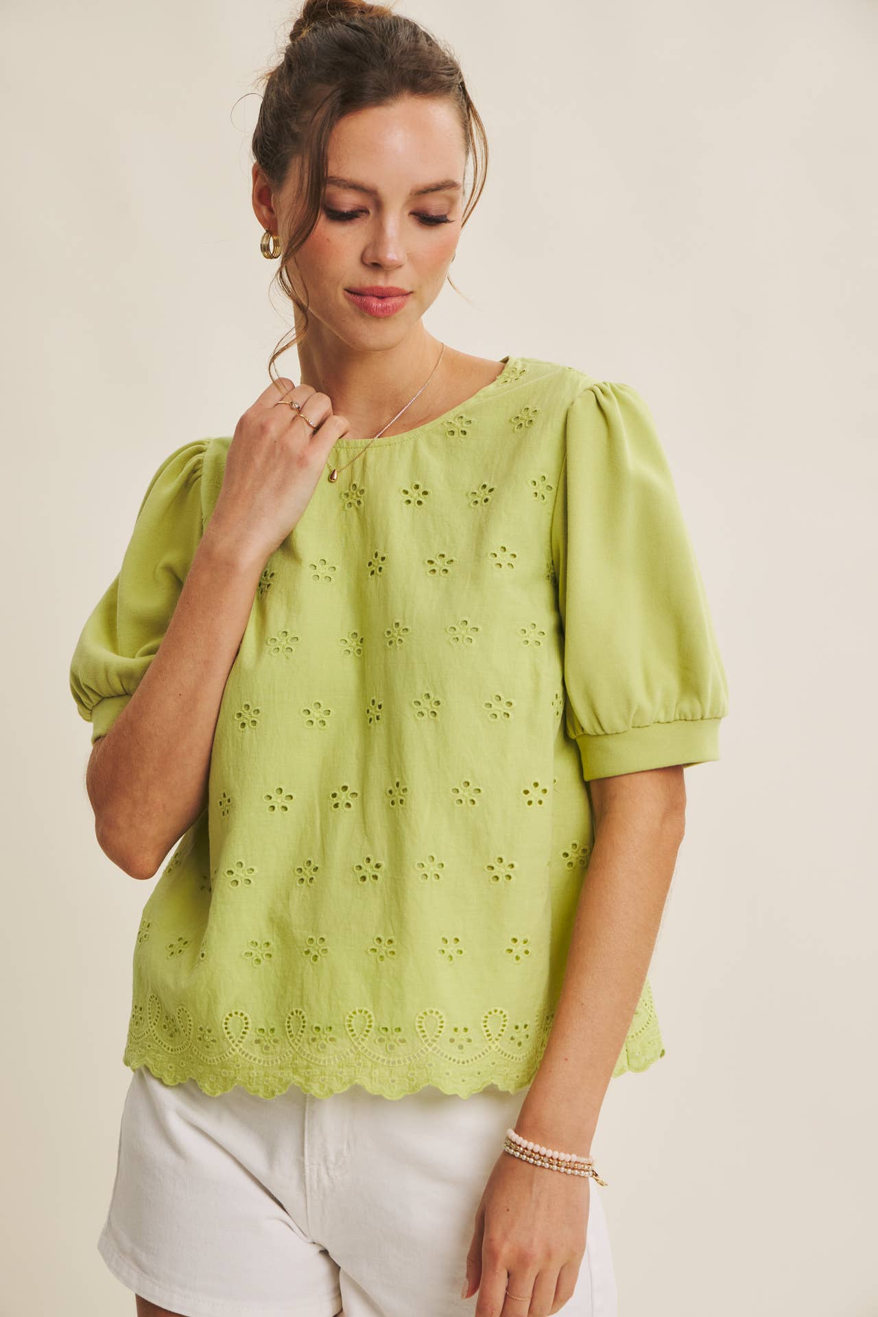 Green Joyful Terry Eyelet Top