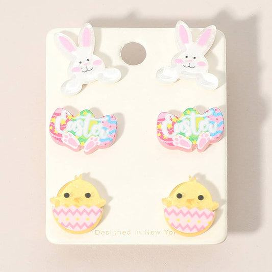 3Pairs - Easter Bunny Egg Chick Stud Earring Set
