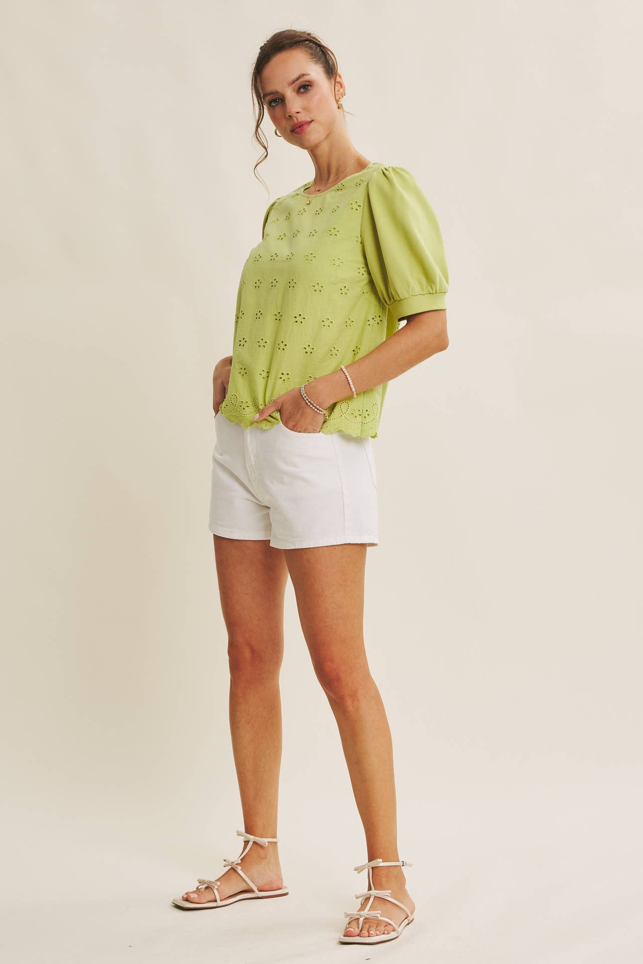Green Joyful Terry Eyelet Top