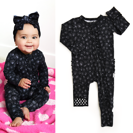 Ash Black Leopard RUFFLE ZIP Bamboo Sleepies Little